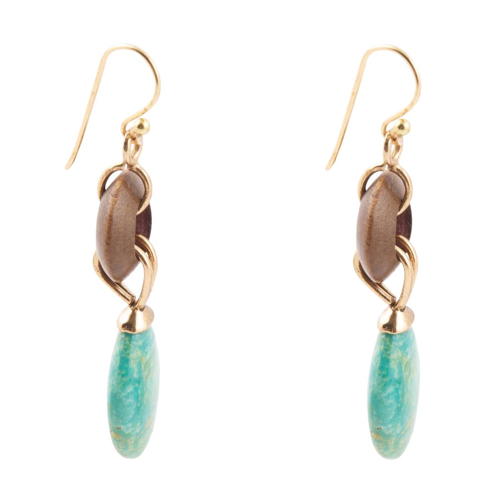 Green Turquoise Wood Golden Bronze Drop Earrings Precious