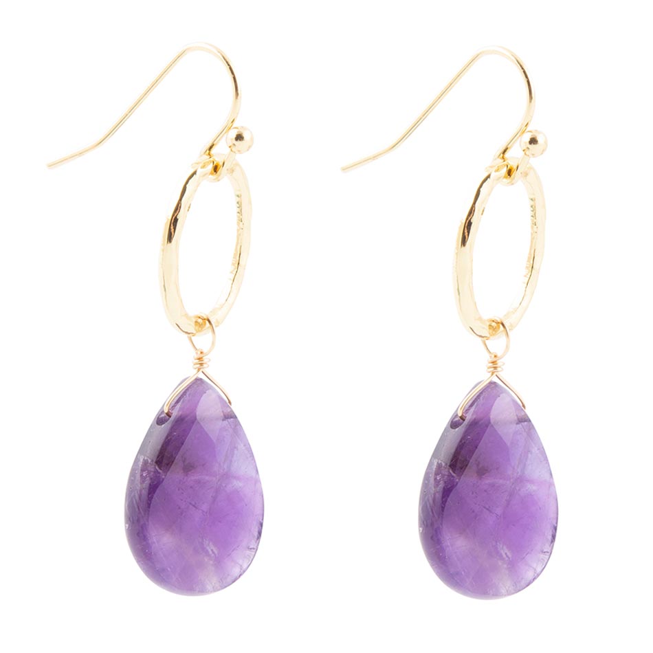 Pretty Drops of Purple Amethyst Golden Drop Earrings