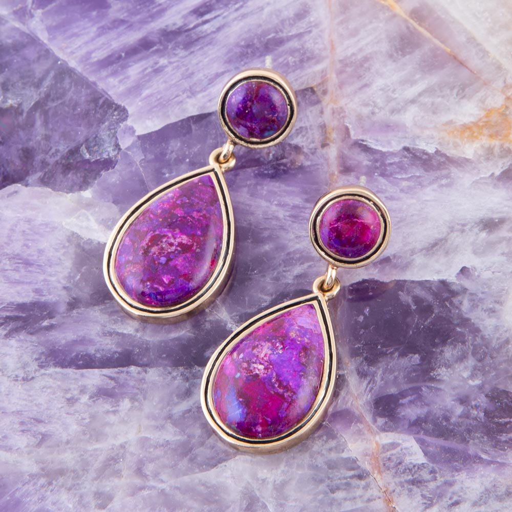 Purple Turquoise and Golden Bronze Teardrop Earrings