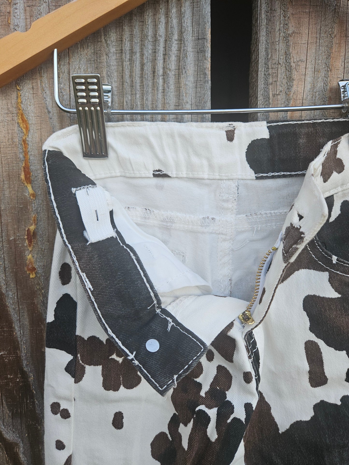 Tri Color Cow Print Double Flare Jean Adjustable Waist