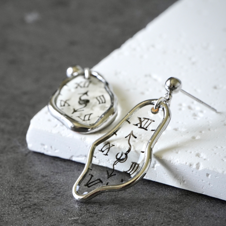 Melting Dali Clock Earrings Hand-Painted Gold and Silver Resin Modern Art