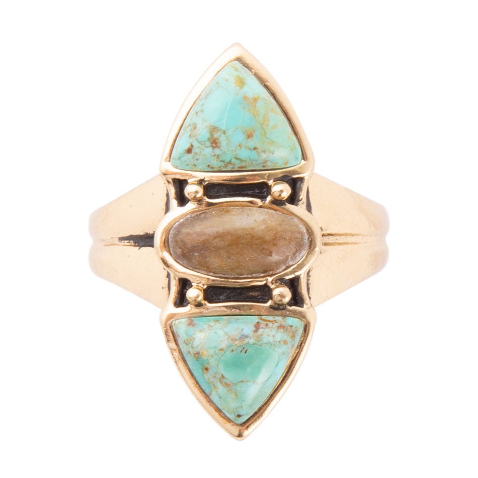 Tri-Stone Blue Turquoise and Grey Labradorite Golden Ring