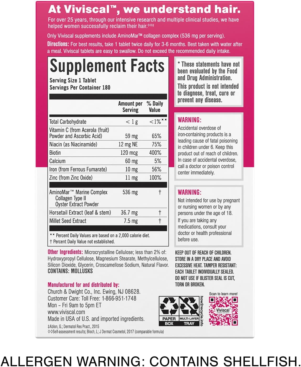 Viviscal Proprietary Collagen Complex Hair Growth Supplements For Women 180 Tablets
