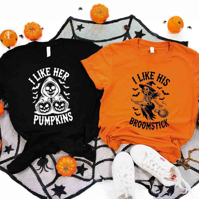 I Like Her Pumpkins & His Broomstick Funny Matching Halloween Couple T-Shirts