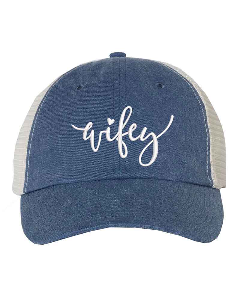 Embroidered Pigment-Dyed Trucker Hat Wifey Hubby Anniversary Gift Cap