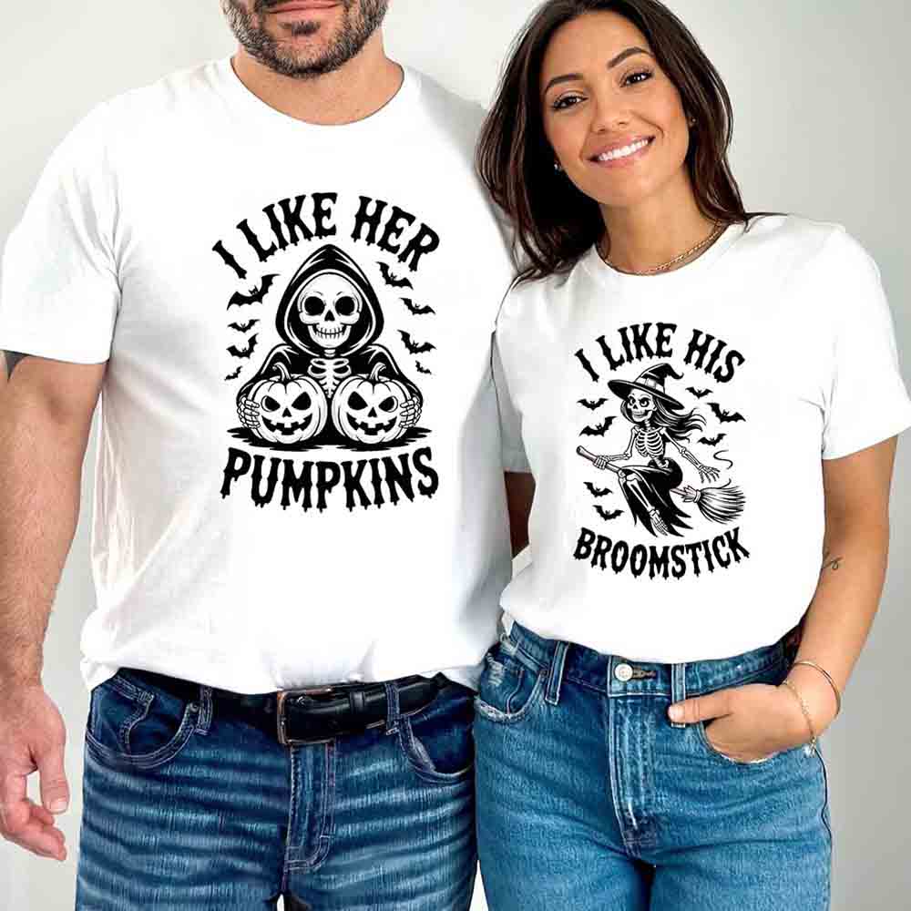 I Like Her Pumpkins & His Broomstick Funny Matching Halloween Couple T-Shirts