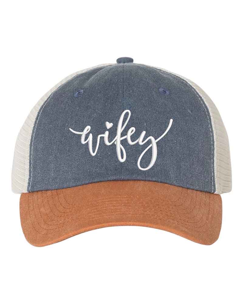 Embroidered Pigment-Dyed Trucker Hat Wifey Hubby Anniversary Gift Cap