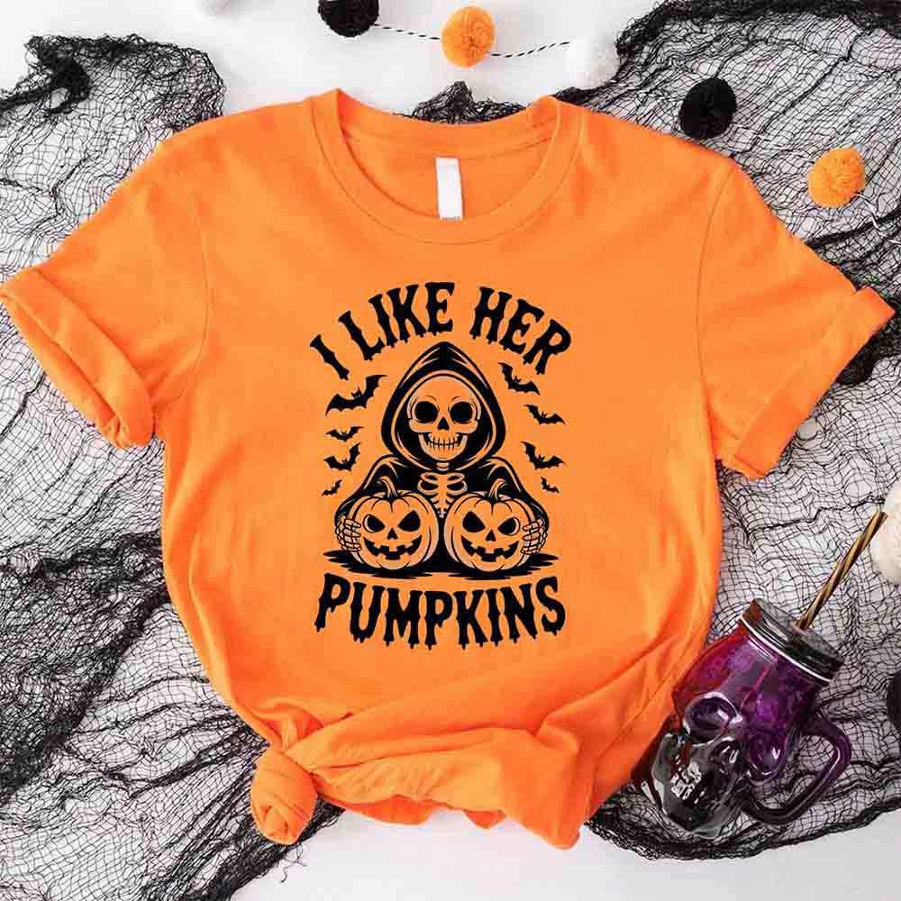 I Like Her Pumpkins & His Broomstick Funny Matching Halloween Couple T-Shirts