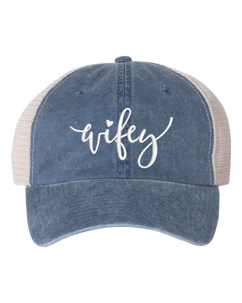 Embroidered Pigment-Dyed Trucker Hat Wifey Hubby Anniversary Gift Cap