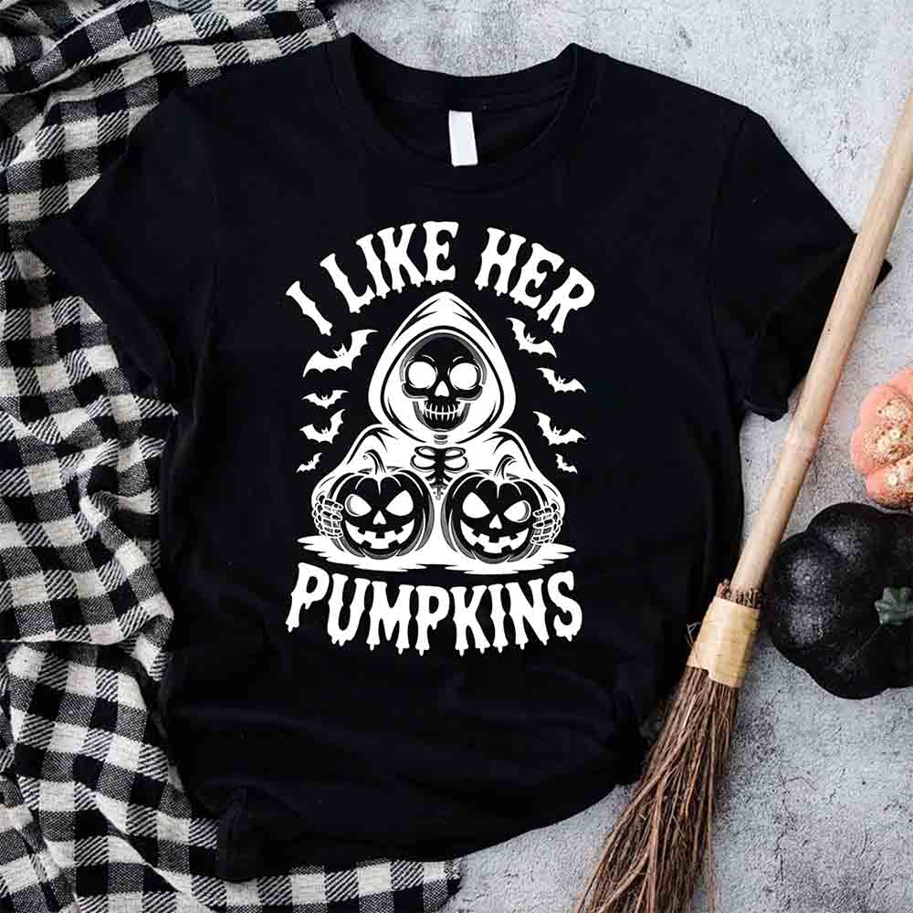 I Like Her Pumpkins & His Broomstick Funny Matching Halloween Couple T-Shirts