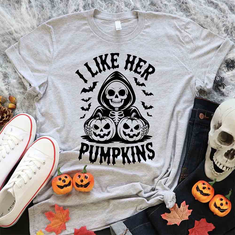 I Like Her Pumpkins & His Broomstick Funny Matching Halloween Couple T-Shirts