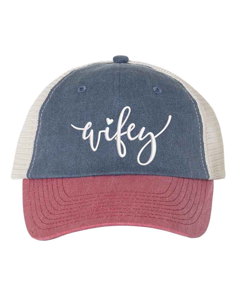 Embroidered Pigment-Dyed Trucker Hat Wifey Hubby Anniversary Gift Cap