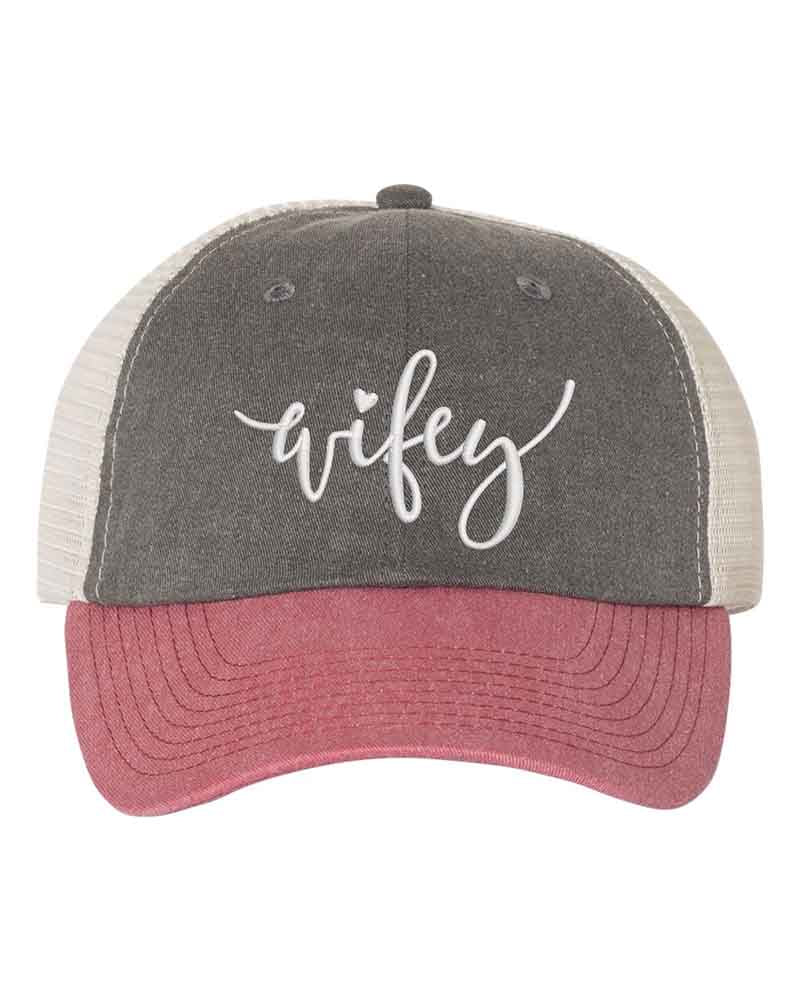 Embroidered Pigment-Dyed Trucker Hat Wifey Hubby Anniversary Gift Cap