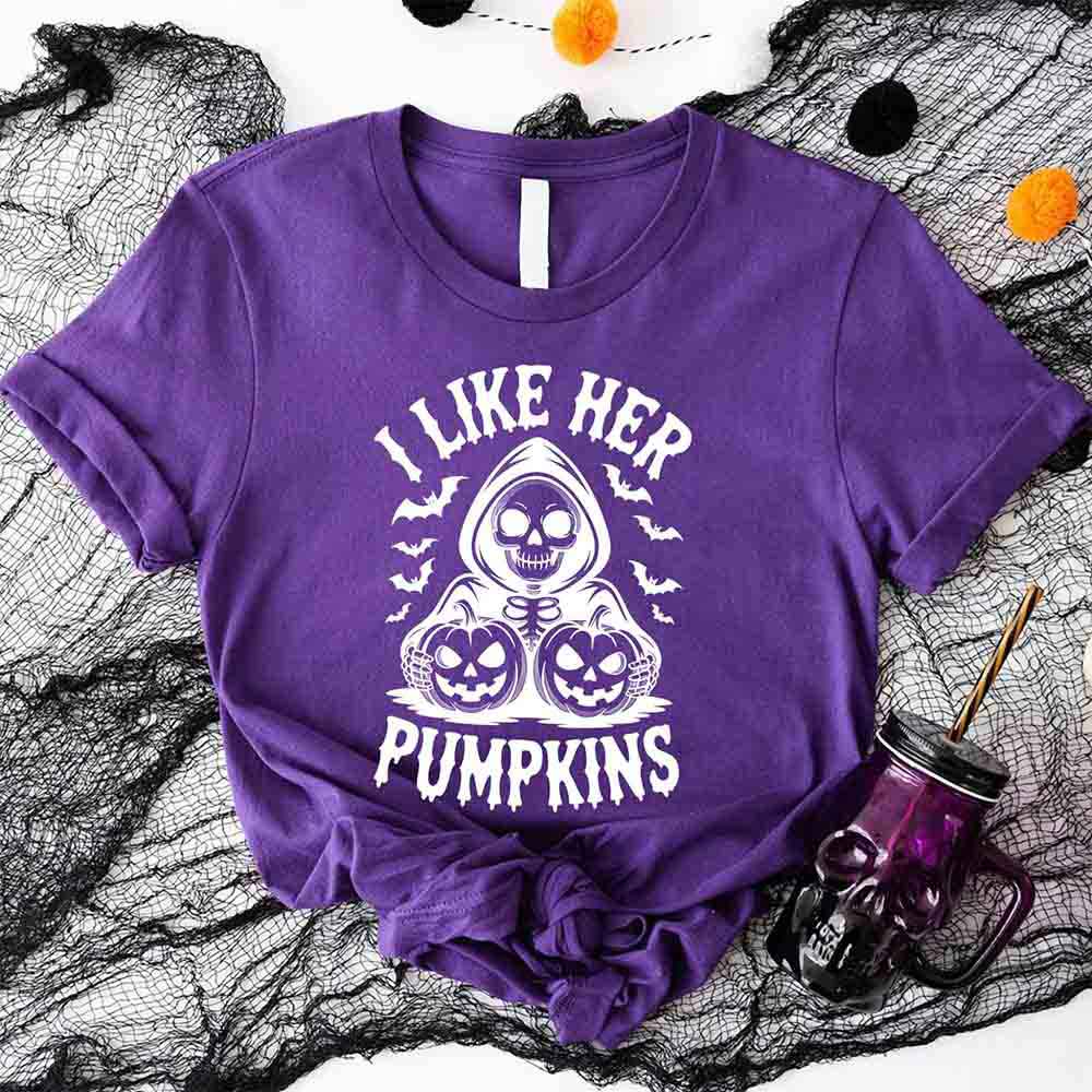 I Like Her Pumpkins & His Broomstick Funny Matching Halloween Couple T-Shirts