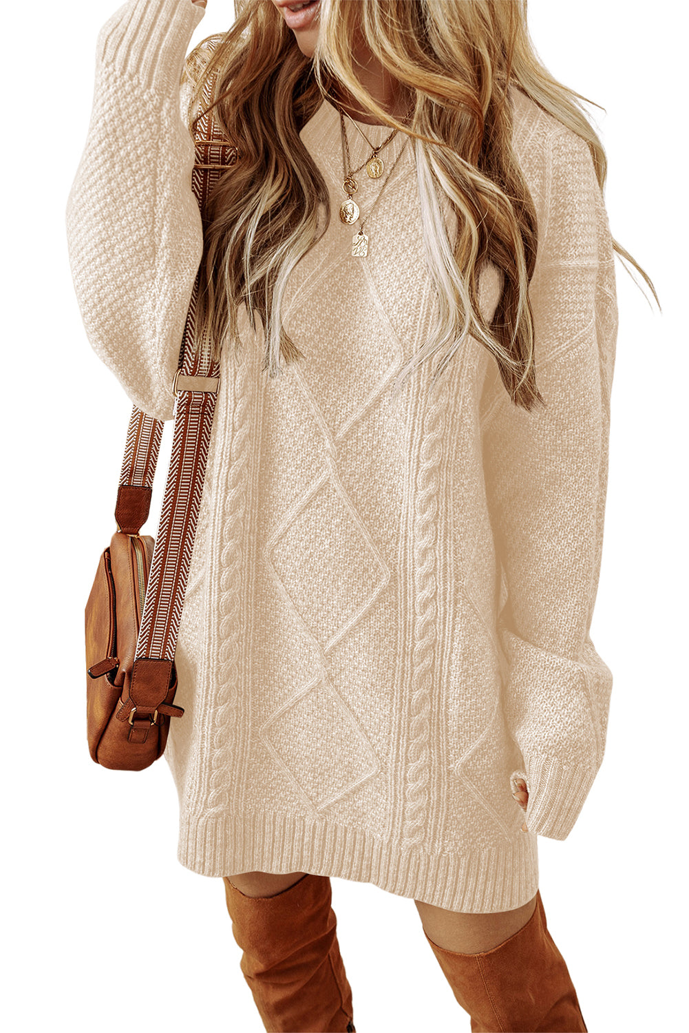 Parchment Twist Cable Knit Loose Fit Sweater Dress