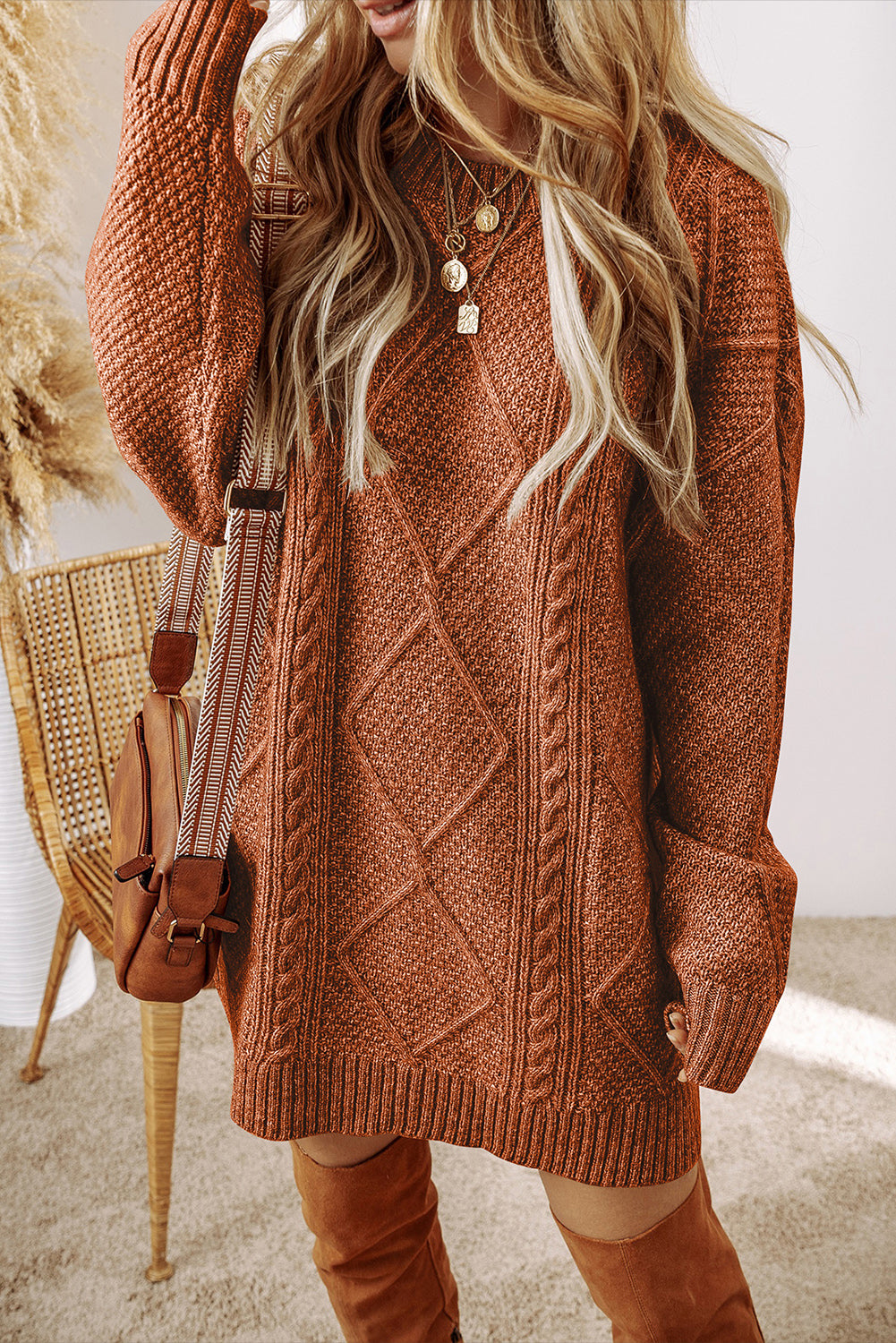 Parchment Twist Cable Knit Loose Fit Sweater Dress