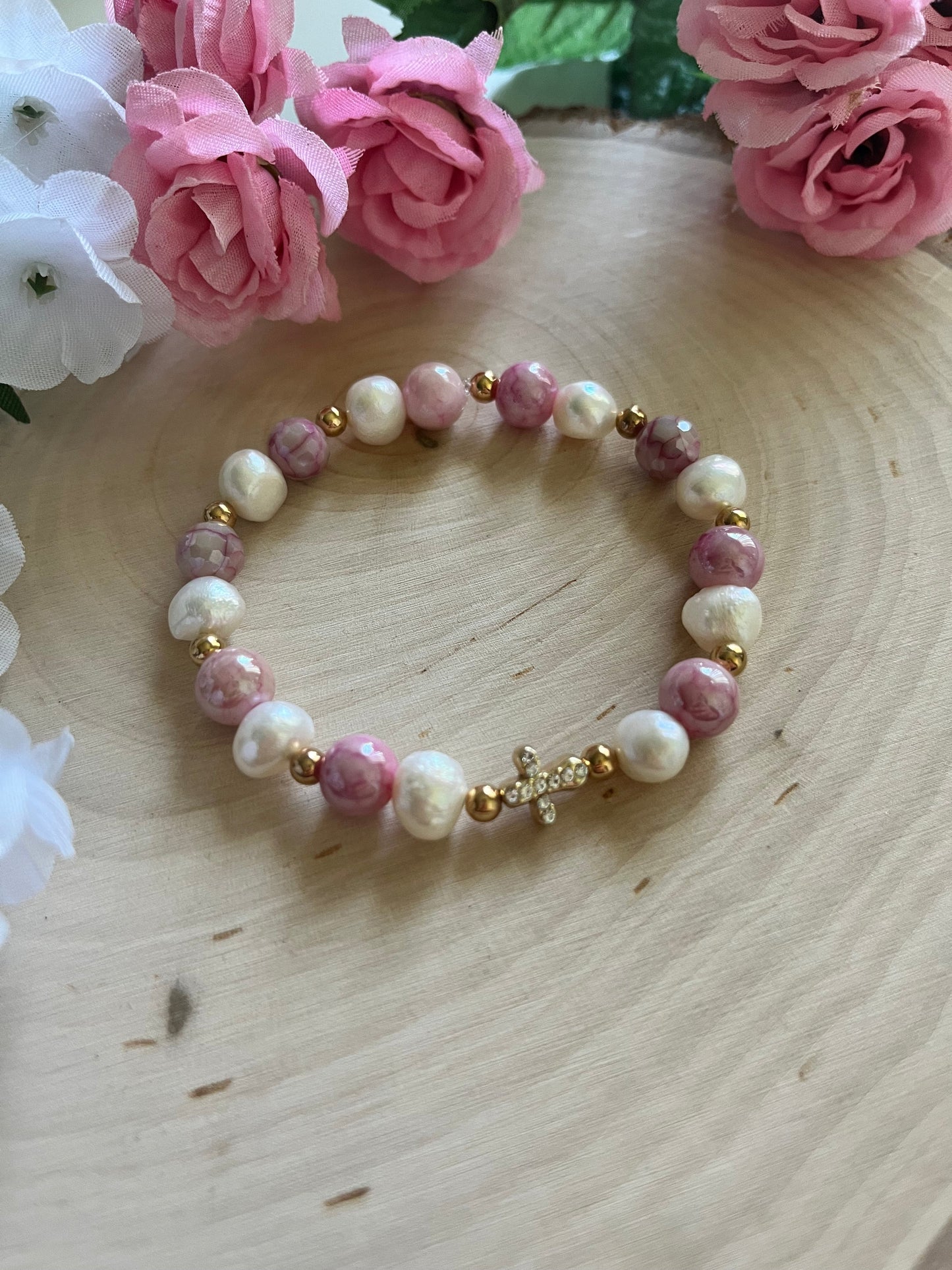 Pink Pearl Bead Gold Cross Bracelet – Christian Jewelry Gift for Her