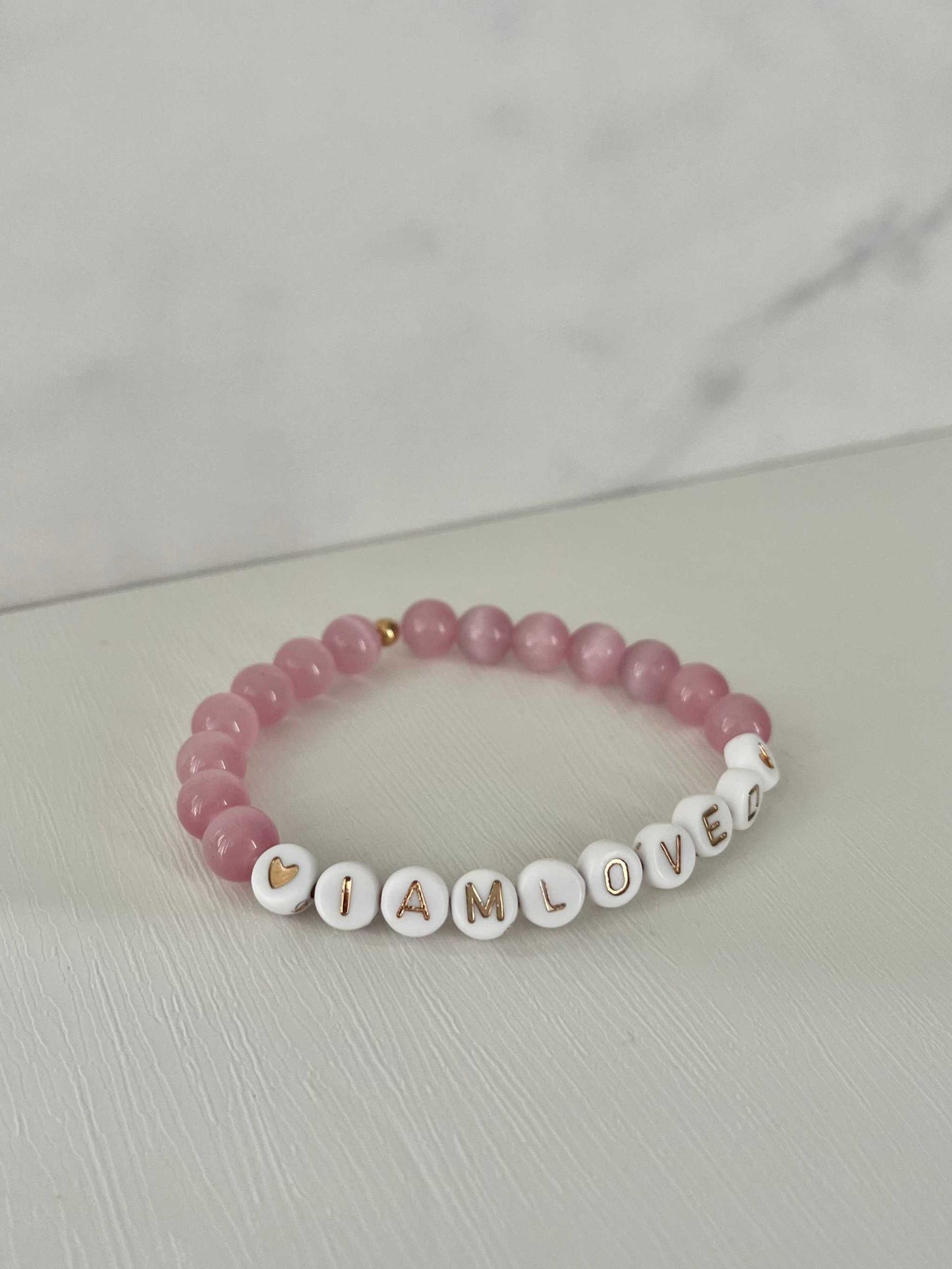 Pink Opal and White Bead I Am Loved Bracelet Christian Jewelry
