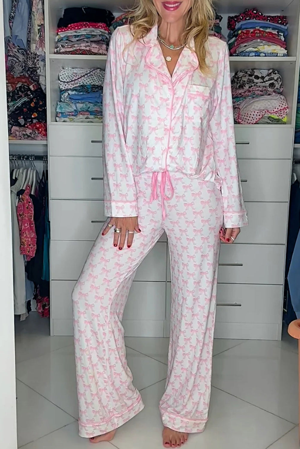 Sky Blue Bow Print Soft Pajama Set Long Sleeve Shirt and Pants