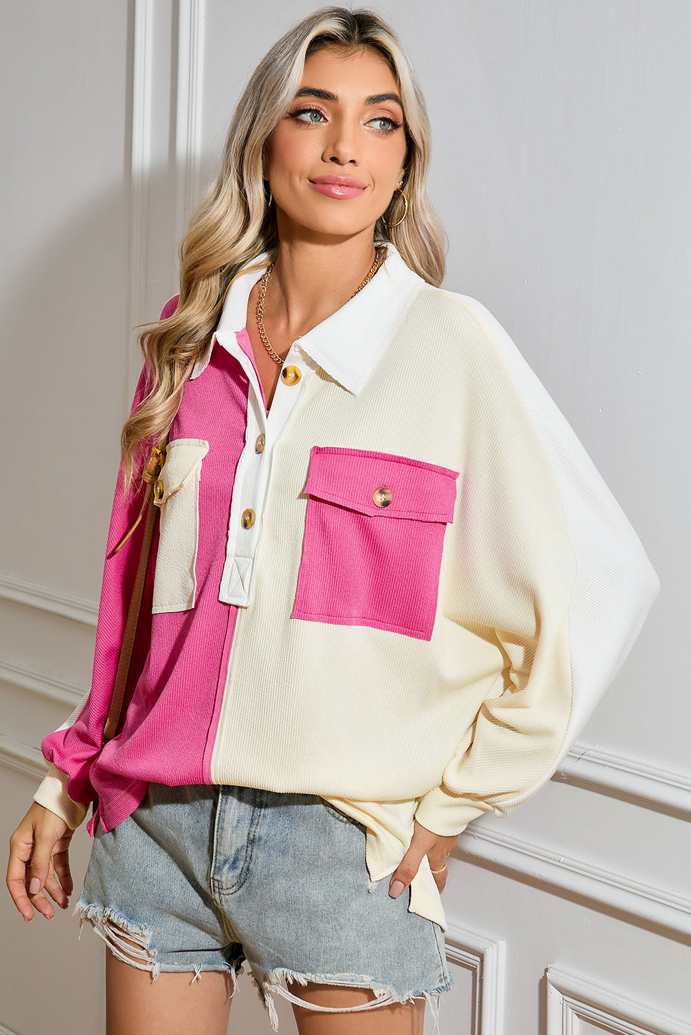 Gray Patchwork Ribbed Oversized Henley Sweatshirt