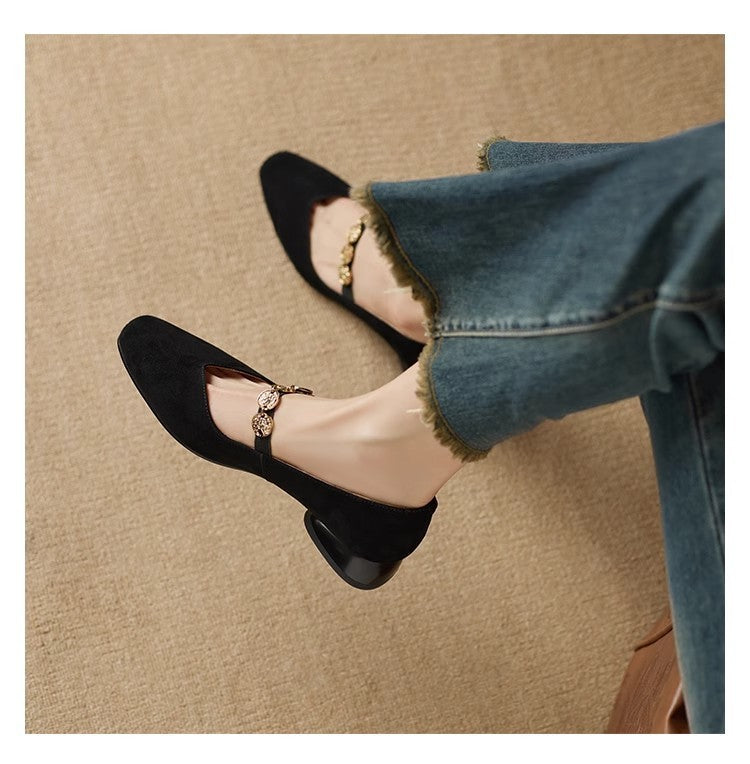 French Retro Square-Toe Suede Pumps Low-Cut Women’s Autumn Style