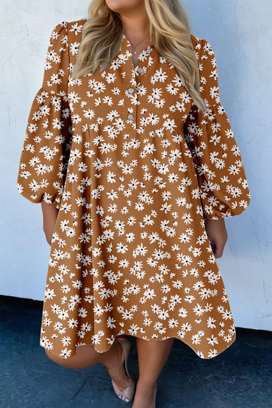 Khaki Plus Size Daisy Floral Print Puff Sleeve Dress