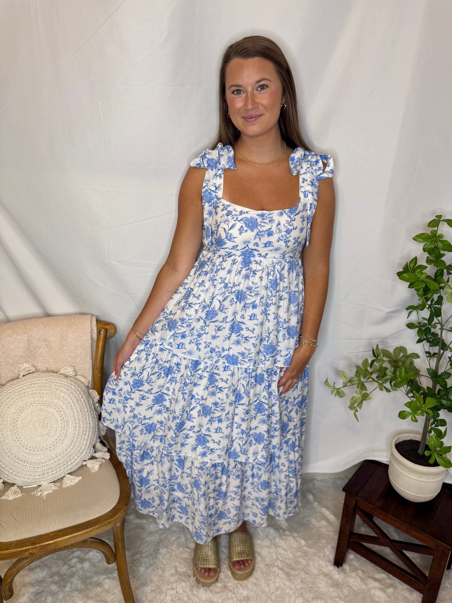 Ruffle Tier Blue Floral Midi Dress with Sleeveless Tie Strap