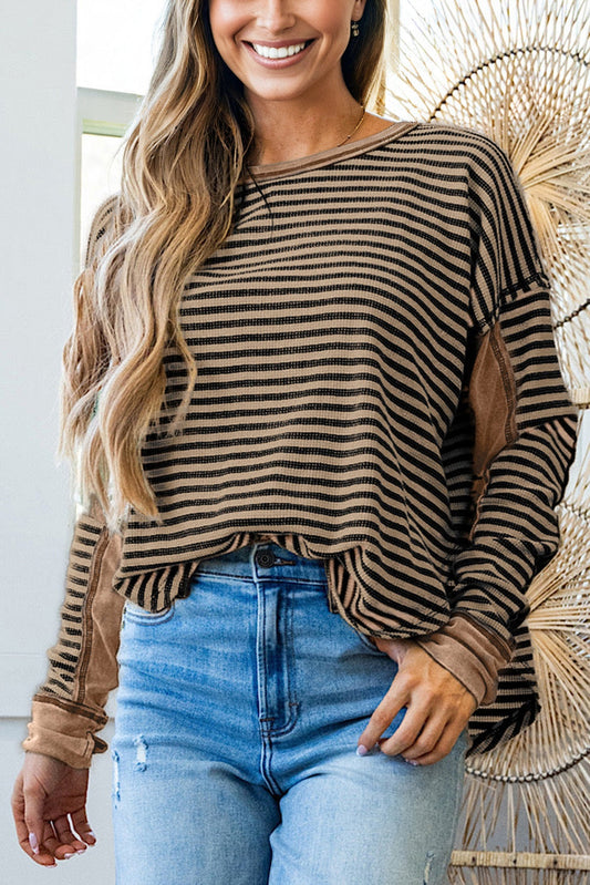 Khaki Stripe Thermal Knit Casual Top Drop Shoulder