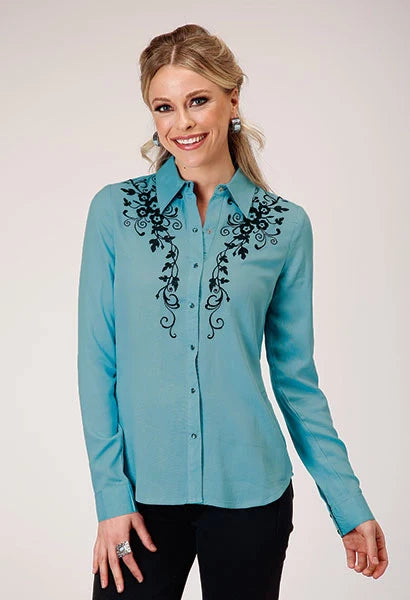 Turquoise Soft Challis Western Blouse Women's Roper 1874