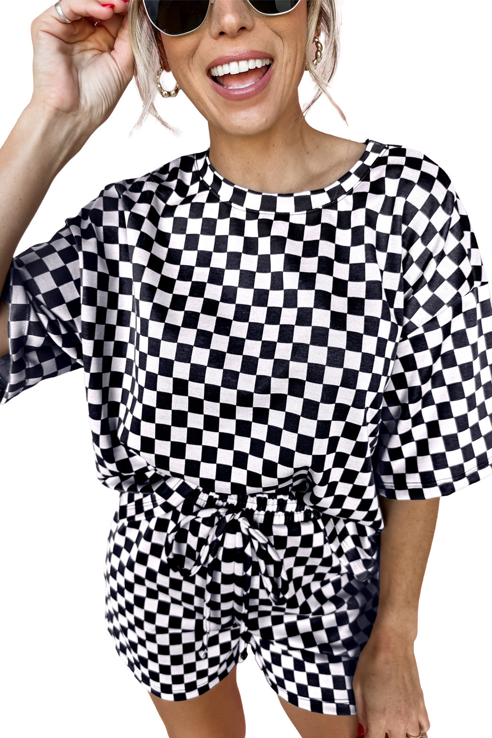 Luxury Checkered Top and Drawstring Shorts Pajama Set