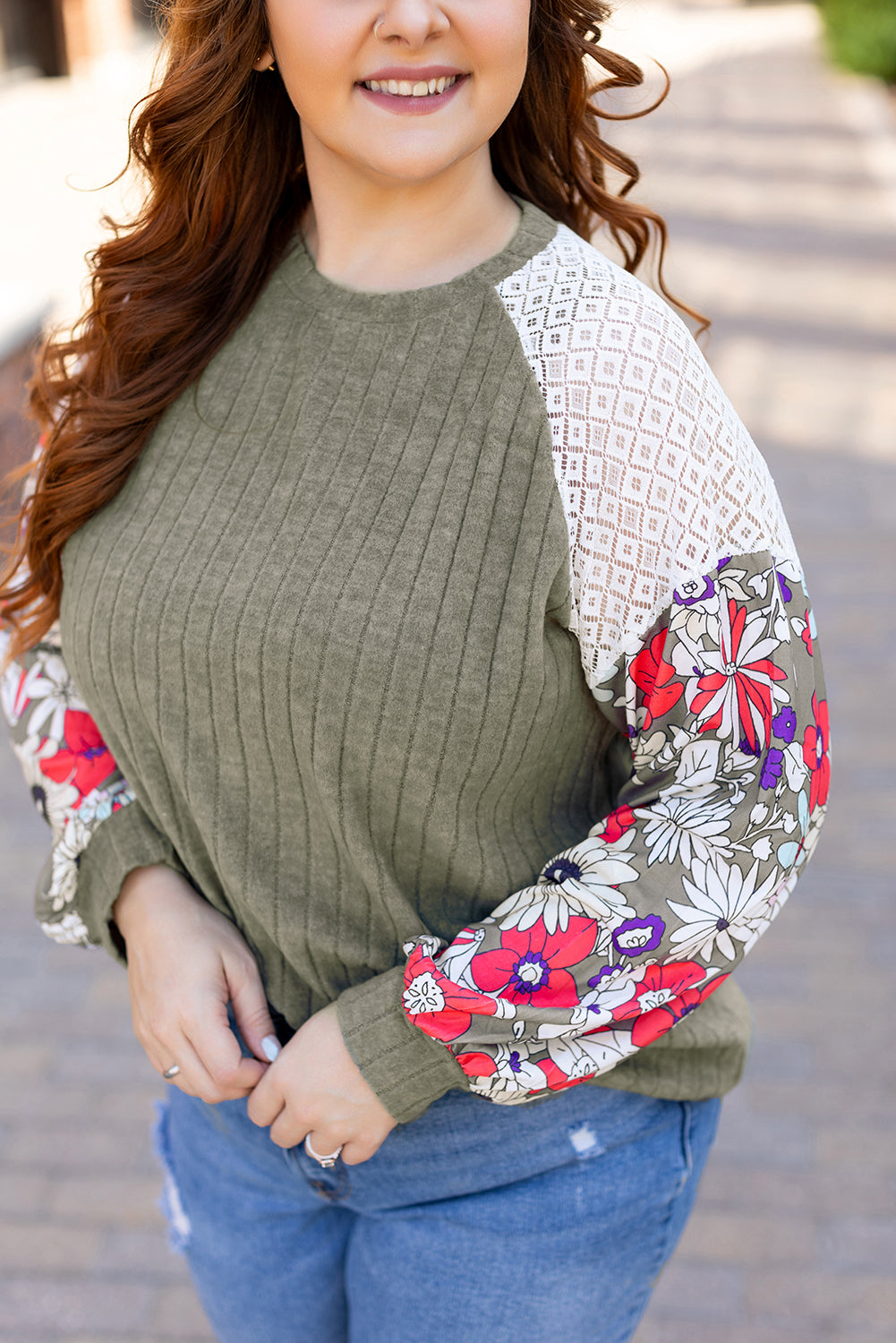 Plus Size Textured Floral Patchwork Raglan Sleeve Top Vineyard Green