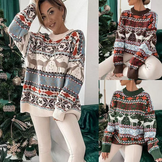 Round Neck Christmas Theme Jacquard Long Sleeve Sweater Women