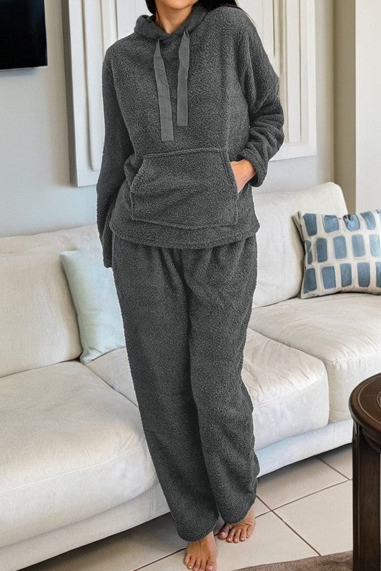 Fuzzy Drawstring Cozy Loungewear Set Hoodie and Pants