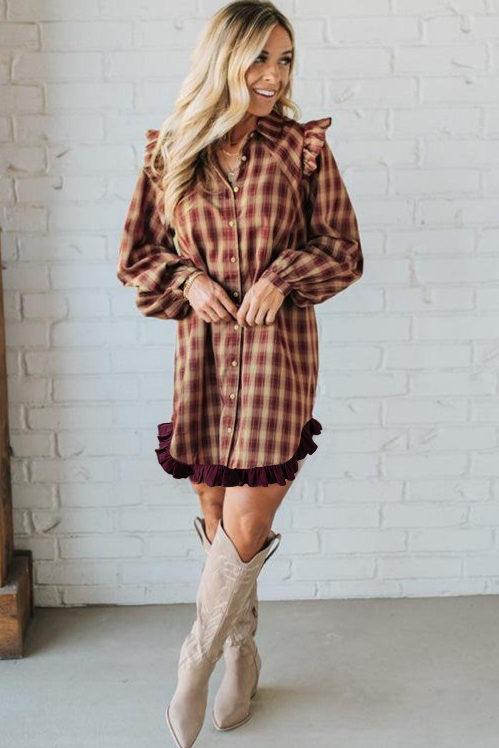 Red Plaid Print Ruffled Long Sleeve Mini Shirt Dress