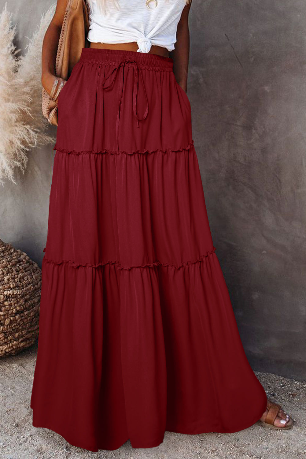 Fiery Red Black Frill Tiered Maxi Skirt Drawstring Waist