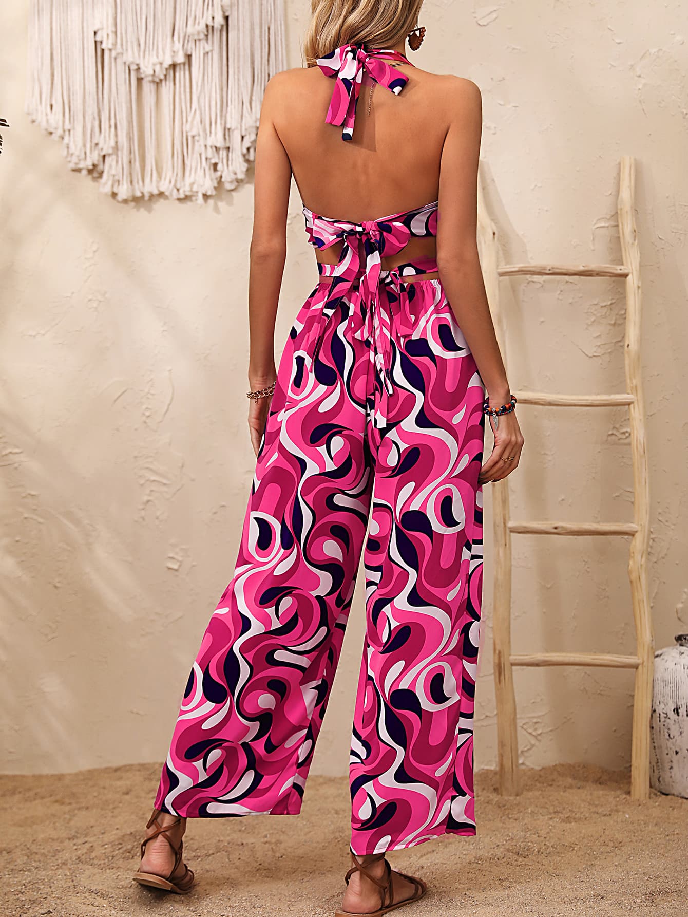 Abstract Print Cutout Halter Neck Wide Leg Jumpsuit
