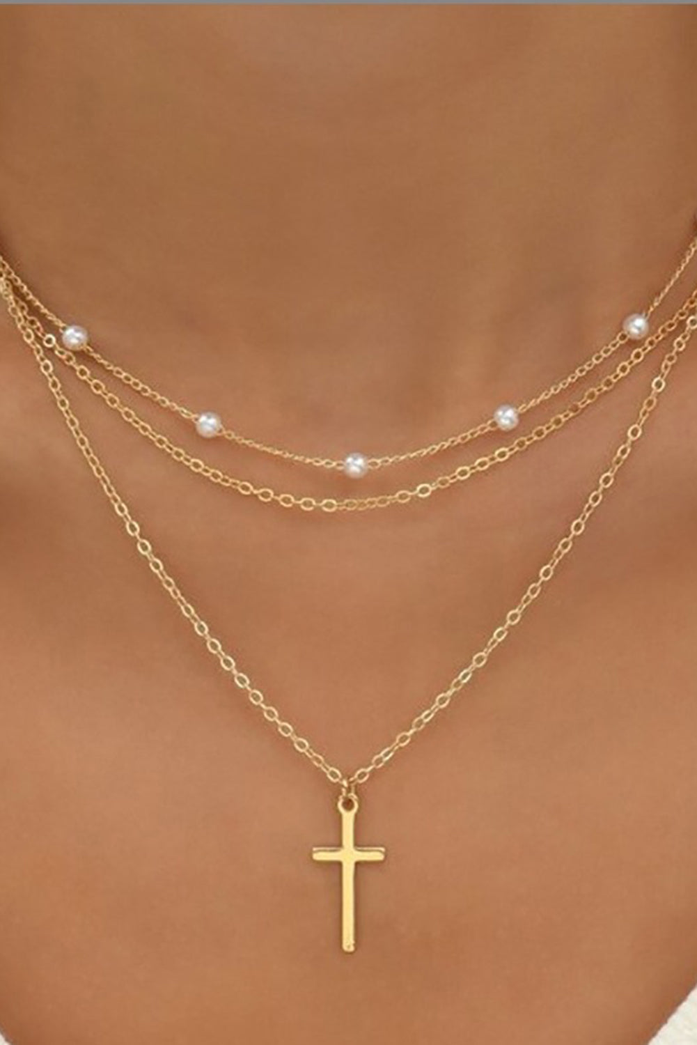 Gold Plated Pearl Decor Cross Pendant Triple Layer Chain Necklace