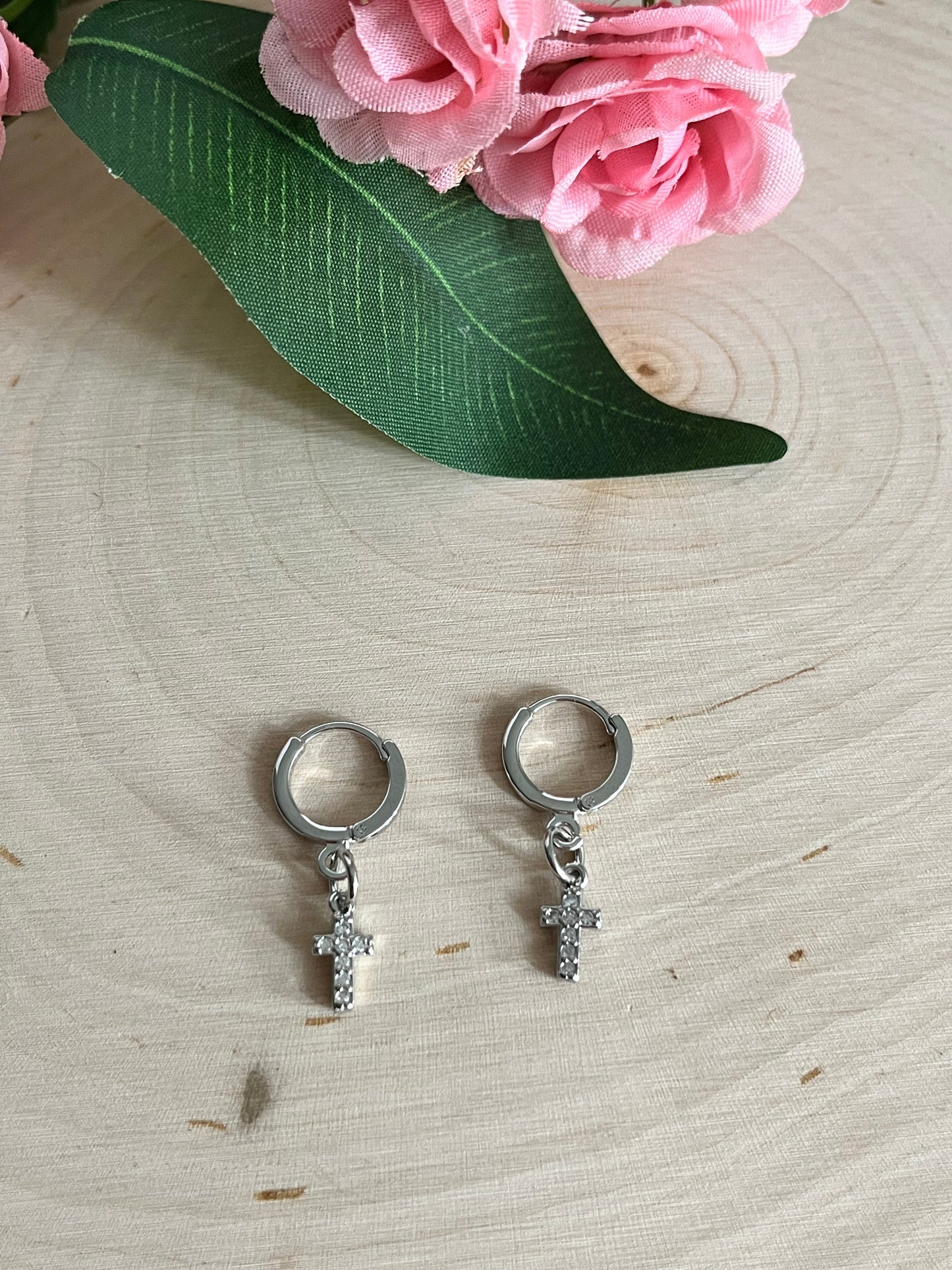 Silver Cross Huggie Earrings