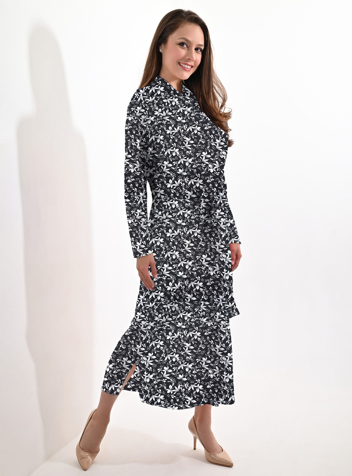 Adina Dress Midi Length Button Belted Waistline with Cuffed Long Sleeves