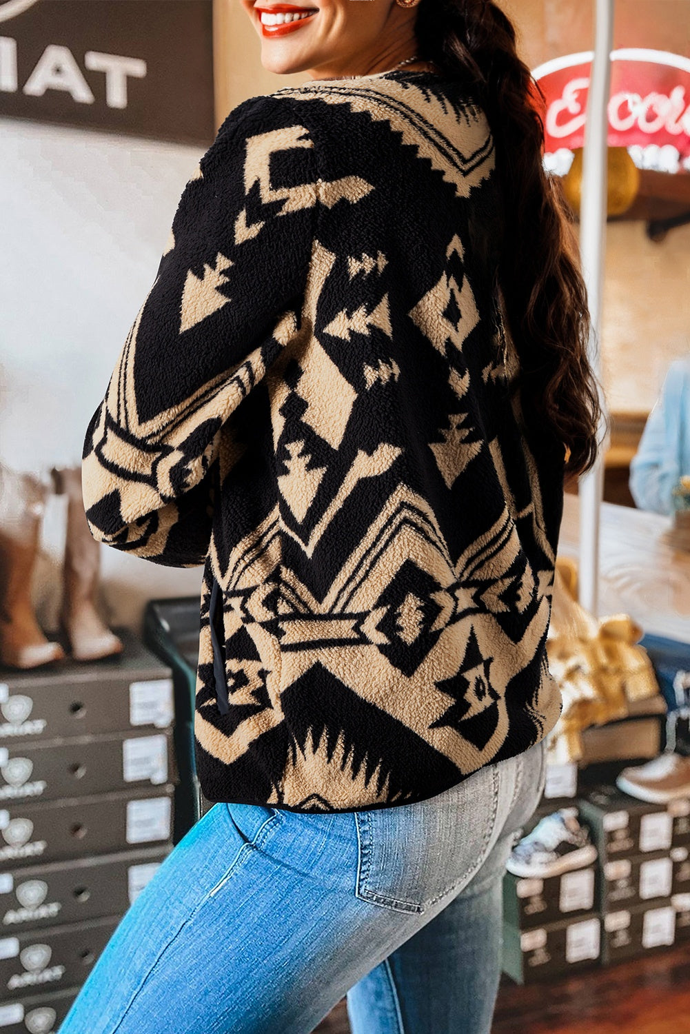 Beige Western Aztec Plush Half Zip Sweatshirt