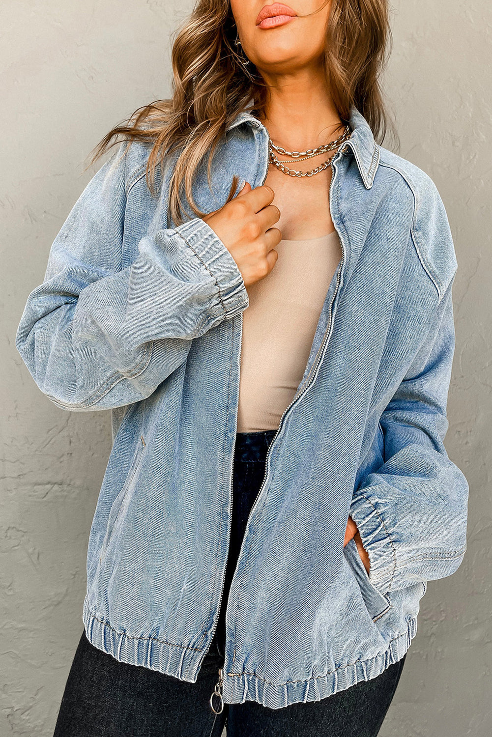 Elastic Hem Collared Zip Up Denim Jacket Myosotis