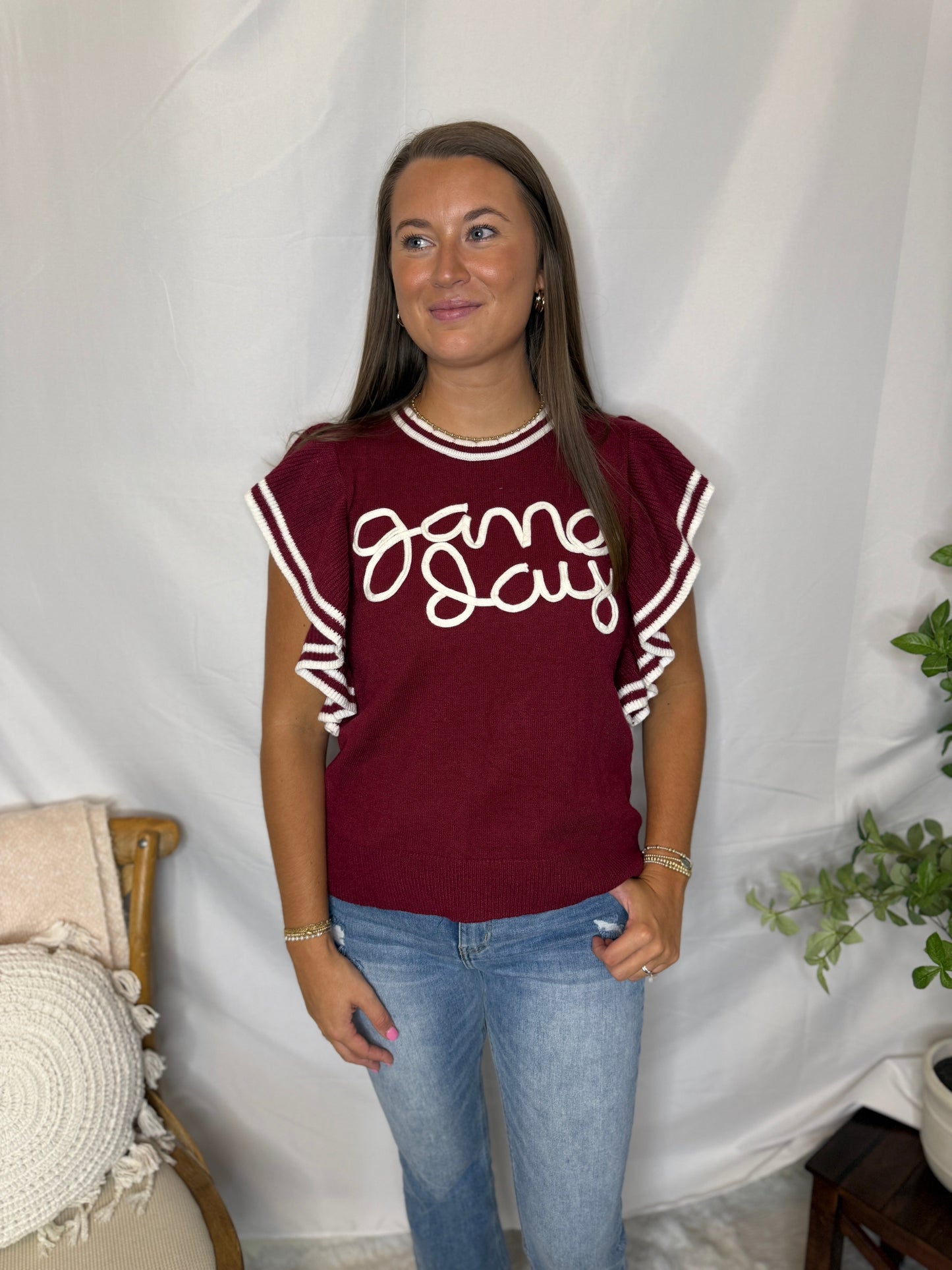 Game Day Ruffle Sleeve Sweater Burgundy Sweet Jude Boutique
