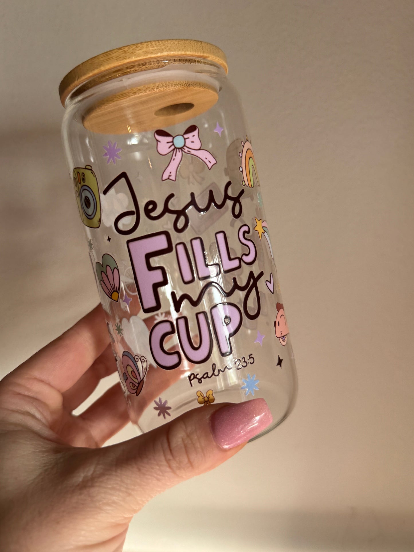 Jesus Fills My Cup Faith Inspired 16oz Glass Cup Sawdust and Cedar
