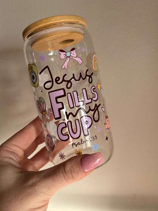 Jesus Fills My Cup Faith Inspired 16oz Glass Cup Sawdust and Cedar