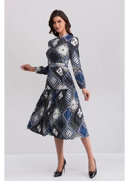 Diamond Print Navy Black White Midi Dress Miss Finch NYC