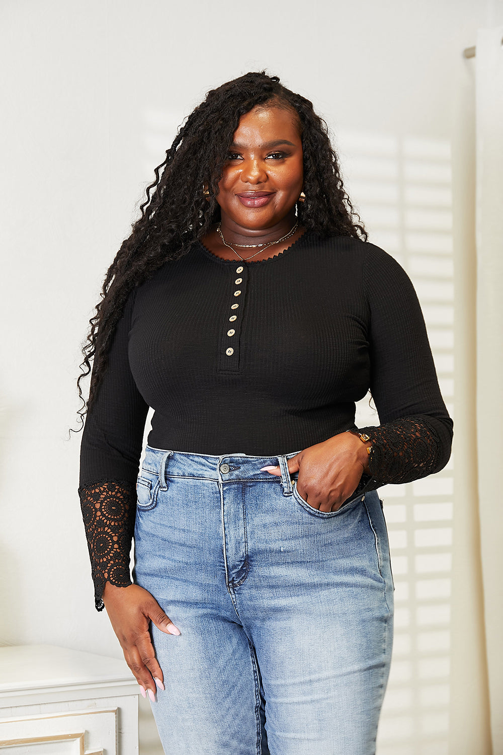 Crochet Lace Hem Sleeve Button Top Double Take