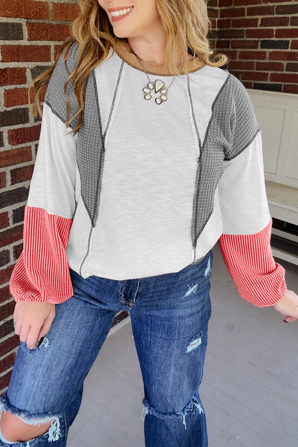 White Contrast Block Mixed Textured Knit Casual Top