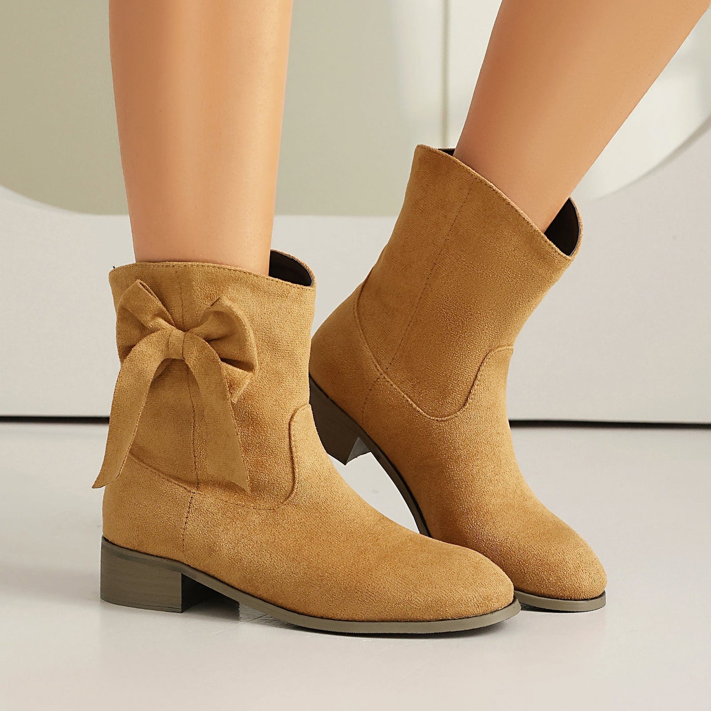 Women’s Low Heel Suede Bow Casual Winter Ankle Boots