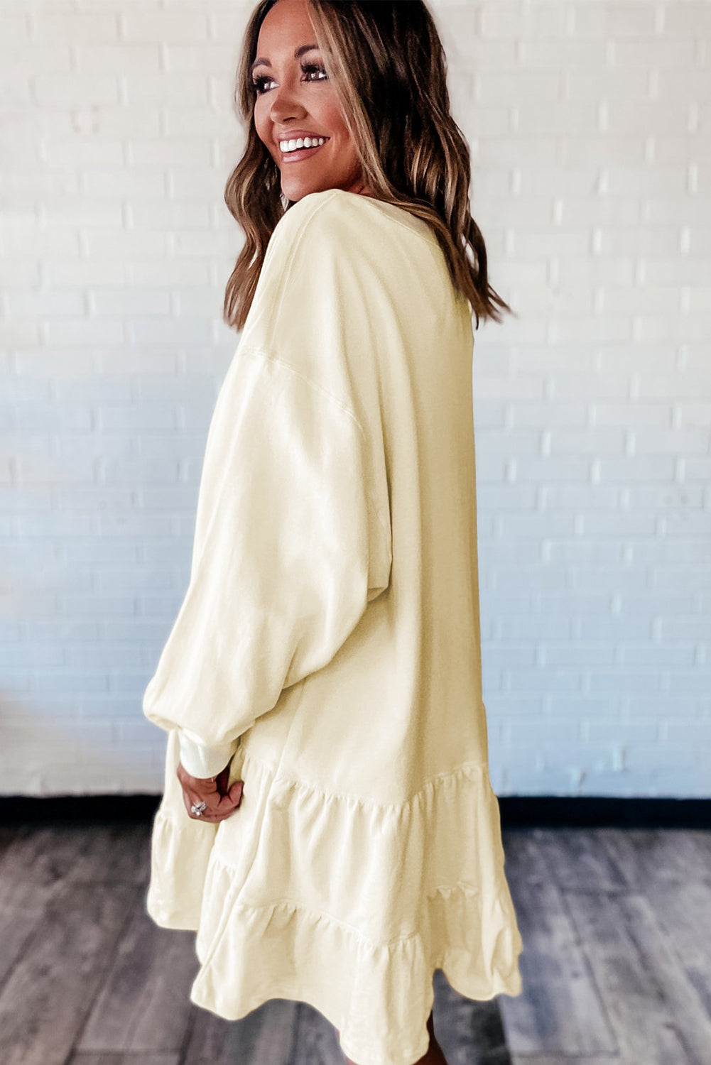 Beige Double Tiered Ruffle Hem Long Sleeve Mini Dress