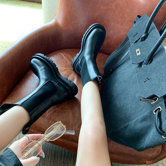 British-Style Mid-Calf Thick-Soled Leather Boots Women’s